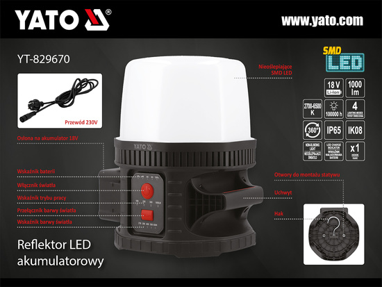 TYT-829670 PRIJENOSNA SVJETILJKA 18V/230V 10000LM 360 IP68 SA REGULACIJOM JAČINE I BOJE SVJ